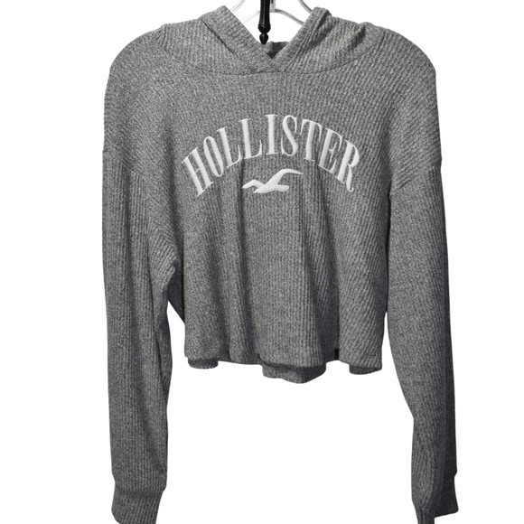 Hollister Crop Top Hoodie Ribbed Knit Long‎ Sleeve Gray Casual Size XS - Picture 1 of 3